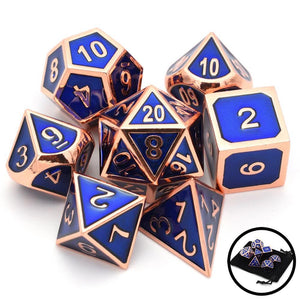 Navy Blue & Bronze Enamel Metal Dice Set 7 Piece front view