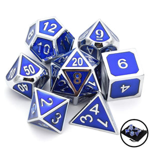 Navy Blue & Silver Enamel Metal Dice Set | 7 piece