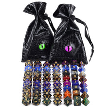 Load image into Gallery viewer, Nebula Dice Bundle B with Dice Bag 56 piece with green and purple dragon eye dice bag