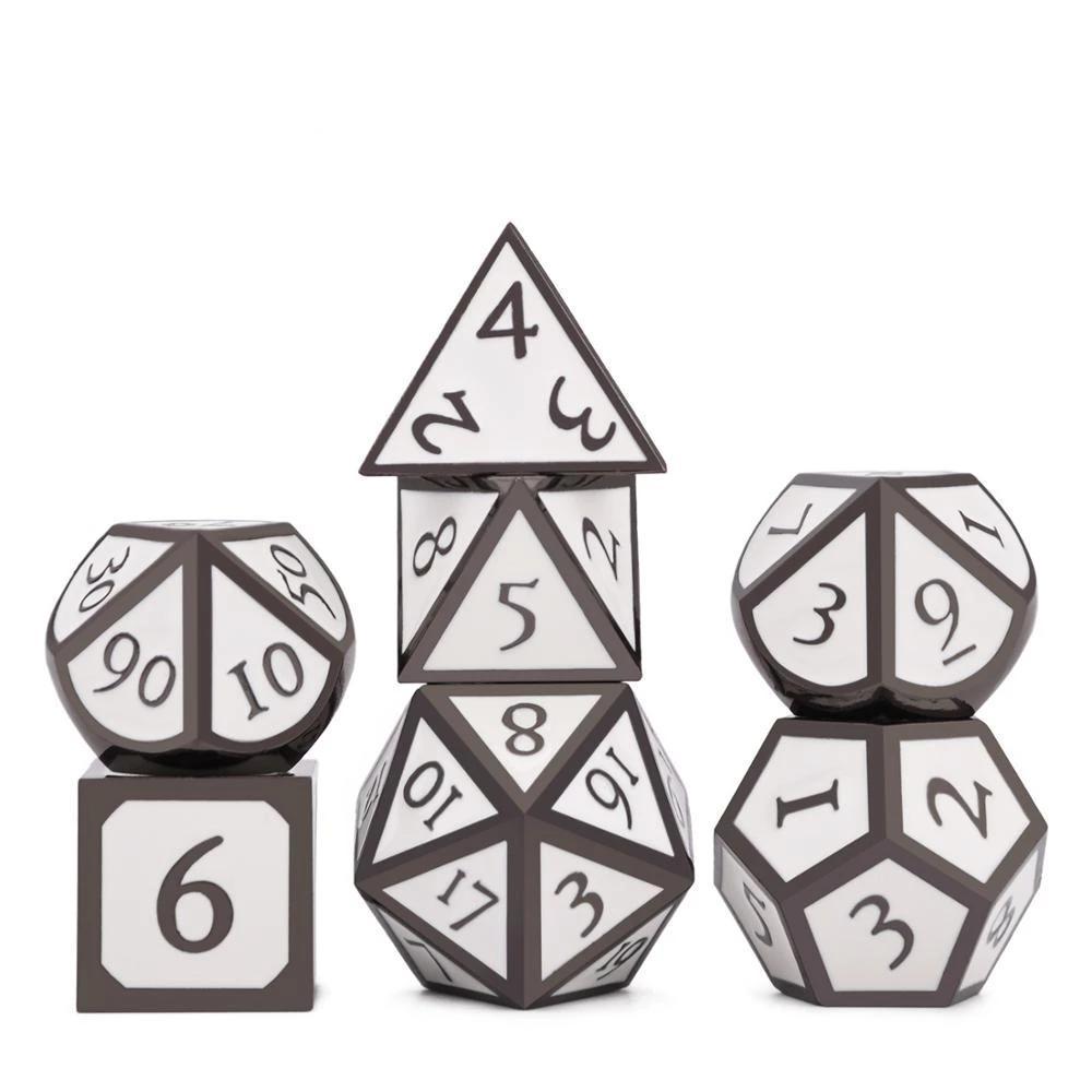 Oath of Devotion - white and black enamel metal dice set with Italic Font