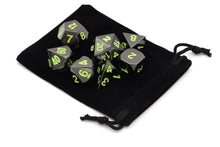 Load image into Gallery viewer, Onyx Chrome Metal Dice set with Neon Green Font 7 piece with black dice bag