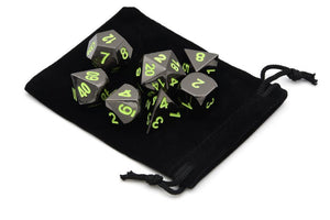 Onyx Chrome Metal Dice set with Neon Green Font 7 piece with black dice bag