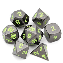 Load image into Gallery viewer, Onyx Chrome Metal Dice set with Neon Green Font 7 piece Front view