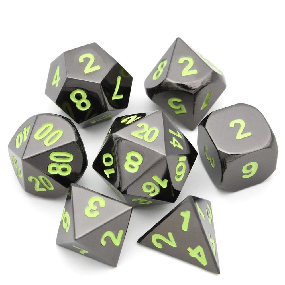 Onyx Chrome Metal Dice set with Neon Green Font 7 piece Front view