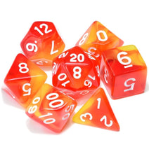 Load image into Gallery viewer, Red Yellow Dual Colour Translucent Dice Set with white font