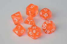 Load image into Gallery viewer, Orange Single Colour Translucent Dice Set with White Font