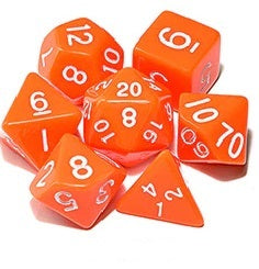 Orange opaque dice set with white font