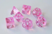 Load image into Gallery viewer, Pink Single Colour Translucent Dice Set with White Font