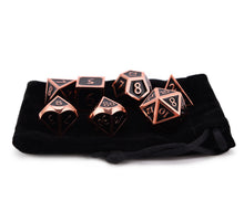 Load image into Gallery viewer, Shiny Black and Bronze Metal Dice Set with Italic Font and black dice pouch