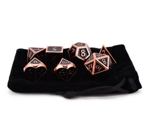 Shiny Black and Bronze Metal Dice Set with Italic Font and black dice pouch