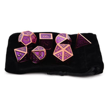 Load image into Gallery viewer, Purple and Bronze Metal Dice Set 7 piece with black dice bag