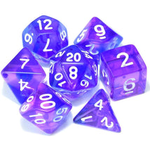 Load image into Gallery viewer, Purple Blue Dual Colour Translucent Dice Set with white font