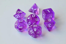 Load image into Gallery viewer, Purple Single Colour Translucent Dice Set with White Font