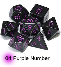 Load image into Gallery viewer, Black Opaque Dice Set with Purple Font