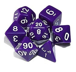 Purple opaque dice set with white font