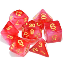 Load image into Gallery viewer, Red White Dual Colour Translucent Dice Set with yellow font