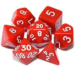 Red opaque dice set with white font