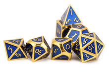 Load image into Gallery viewer, Royal Blue &amp; Gold Enamel Metal Dice Set | 7 piece