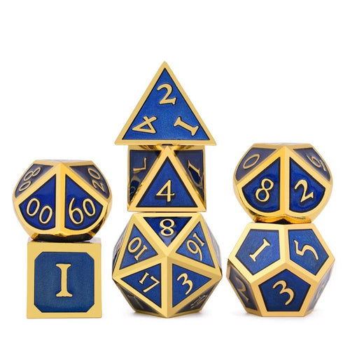 Royal Blue & Gold Enamel Metal Dice Set | 7 piece