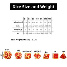 Load image into Gallery viewer, Size chart for Ruby Red &amp; Gold Enamel Metal Dice Set