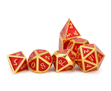 Load image into Gallery viewer, Ruby Red &amp; Gold Enamel Metal Dice Set horizontally stacked