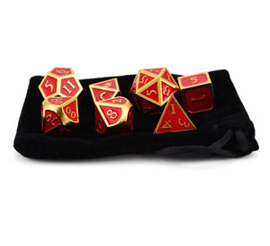 Ruby Red & Gold Enamel Metal Dice Set 7 piece with Black Dice Bag