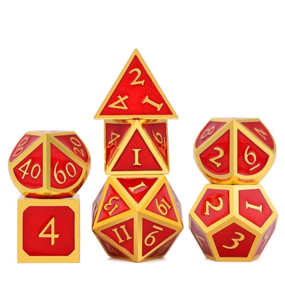 Ruby Red & Gold Enamel Metal Dice Set 7 piece Front View