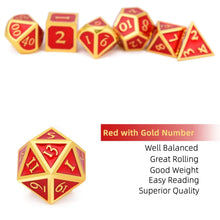 Load image into Gallery viewer, Description of Ruby Red &amp; Gold Enamel Metal Dice Set