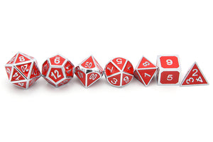 Ruby Red & Silver Enamel Metal Dice Set 7 piece with each die horizontally placed