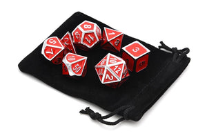 Ruby Red & Silver Enamel Metal Dice Set 7 piece with a black dice bag