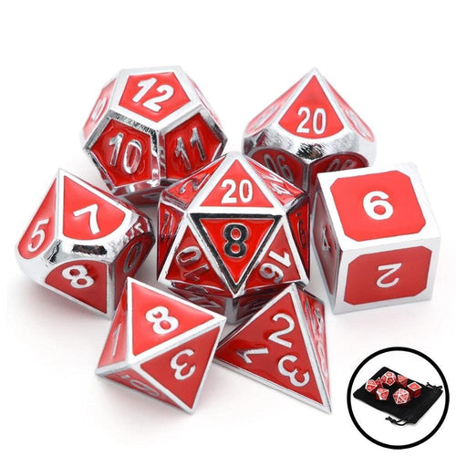 Ruby Red & Silver Enamel Metal Dice Set 7 piece front view