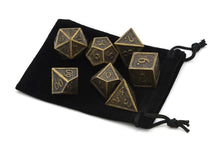 Load image into Gallery viewer, Rusted Ancient Gold Metal Dice Set 7 piece with Black Dice Bag