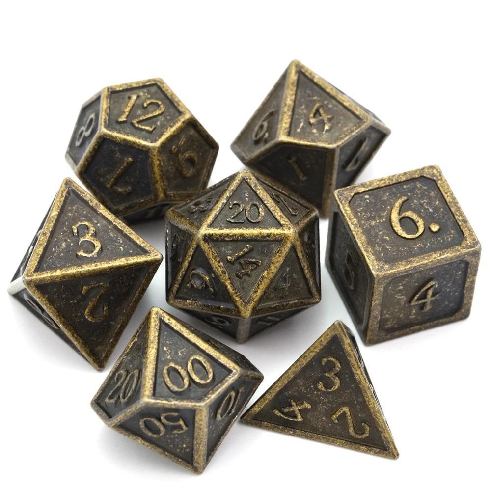 Rusted Ancient Gold Metal Dice Set 7 piece Front View