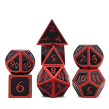 Load image into Gallery viewer, Scarlet the mysterious - Black metal dice set with red font 7 piece