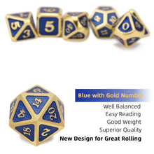 Load image into Gallery viewer, Description of Shiny Blue &amp; Gold Dragon Scale Metal Dice Set 7 piece