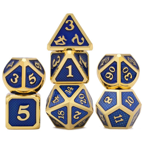 Shiny Blue & Gold Dragon Scale Metal Dice Set 7 piece front view