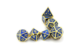 Steel Blue & Gold Enamel Metal Dice Set 7 piece horizontally stacked