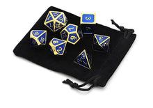 Load image into Gallery viewer, Steel Blue &amp; Gold Enamel Metal Dice Set 7 piece with black dice bag