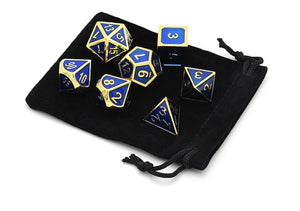 Steel Blue & Gold Enamel Metal Dice Set 7 piece with black dice bag