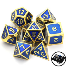 Load image into Gallery viewer, Steel Blue &amp; Gold Enamel Metal Dice Set 7 piece front view