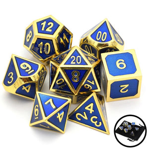 Steel Blue & Gold Enamel Metal Dice Set 7 piece front view