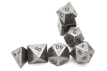 Load image into Gallery viewer, Tarnished Silver Metal Dice Set with Engraved Font 7 Pieces Stacked up