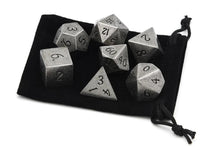 Load image into Gallery viewer, Tarnished Silver Metal Dice Set with Engraved Font 7 Piece with Dice Bag