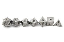 Load image into Gallery viewer, Tarnished Silver Metal Dice Set with Engraved Font 7 Pieces in a line one by one