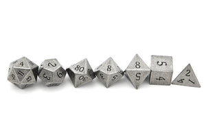 Tarnished Silver Metal Dice Set with Engraved Font 7 Pieces in a line one by one