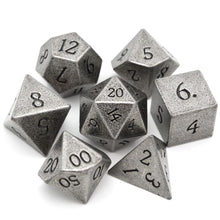 Load image into Gallery viewer, Tarnished Silver Metal Dice Set with Engraved Font 7 Piece