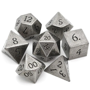 Tarnished Silver Metal Dice Set with Engraved Font 7 Piece