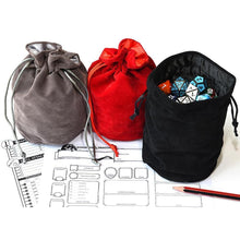 Load image into Gallery viewer, Three Drawstring Dice Bags filled with dice (Gray, Red, Black) From Left to Right