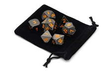 Load image into Gallery viewer, Onyx Chrome Metal Dice Set with Tiger Orange Font 7 piece with black dice bag