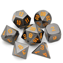 Load image into Gallery viewer, Onyx Chrome Metal Dice Set with Tiger Orange Font 7 piece front view